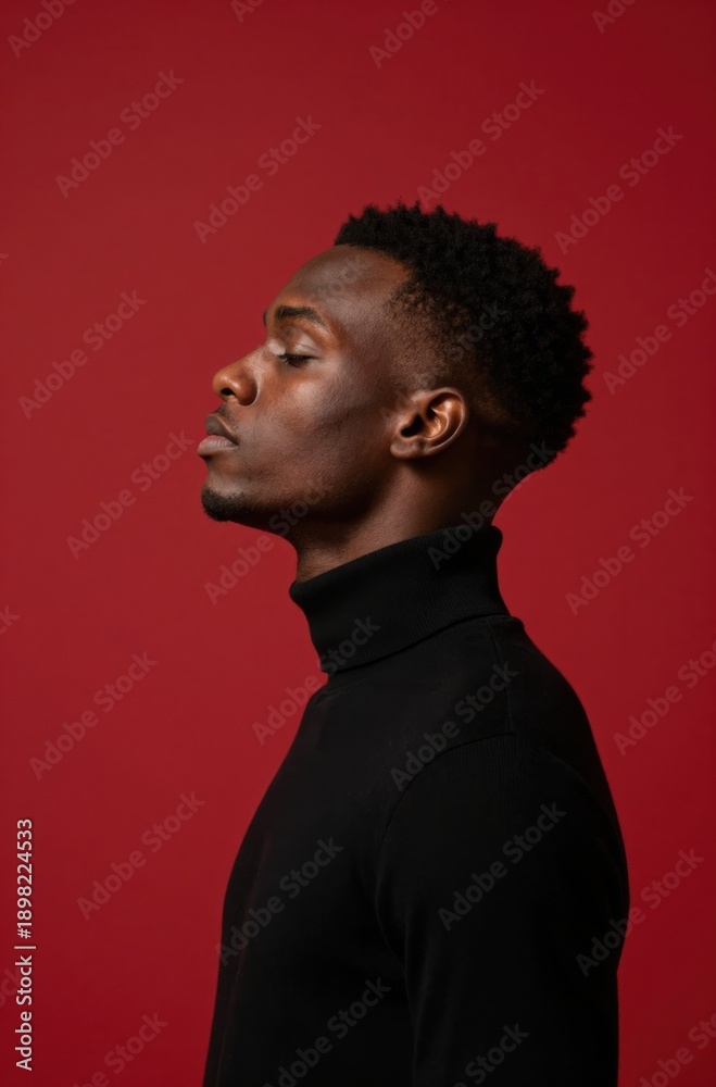 Obraz premium Portrait of Young African American Man in Contemplation Against Red Background