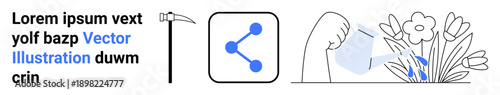 Gardening, social media, teamwork, sustainability, communication, nature. Tools for gardening, a sharing icon and plants being watered. Gardening and social media concepts showcased