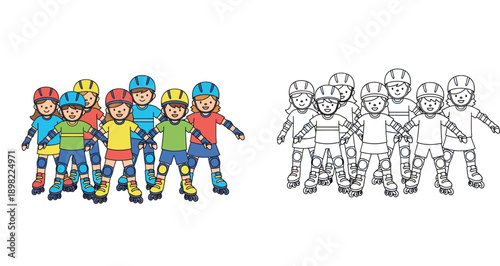 Group of happy children roller skating with safety gear vector illustration. Cute kids team on roller skates with helmets. Color and black and white outline coloring page style isolated.