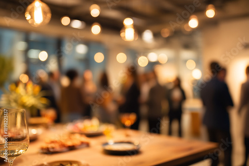 Blurred table laden with appetizers and drinks at a corporate event or party