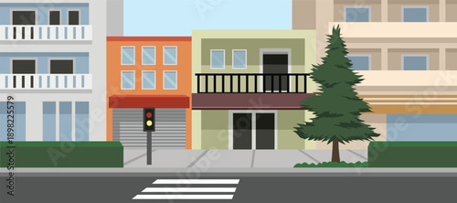 Urban Street with Residential Buildings and Crosswalk. Downtown Street. Modern City Street. Closed store. Storefront. Minimarket. City walk street. City landscape. City building.