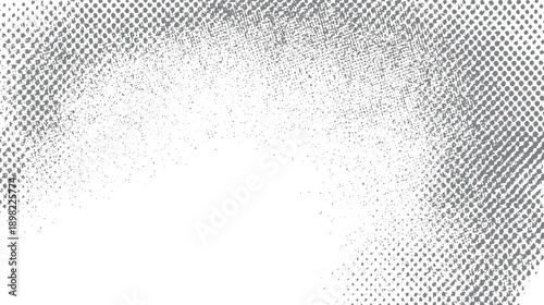 Grey halftone dots and speckles fading from dense to sparse on white background