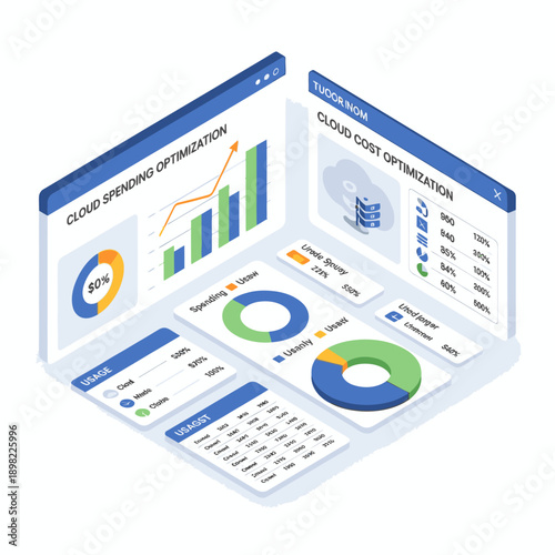 Isometric illustration of laptops displaying various business graphs and charts for data analysis and optimization.