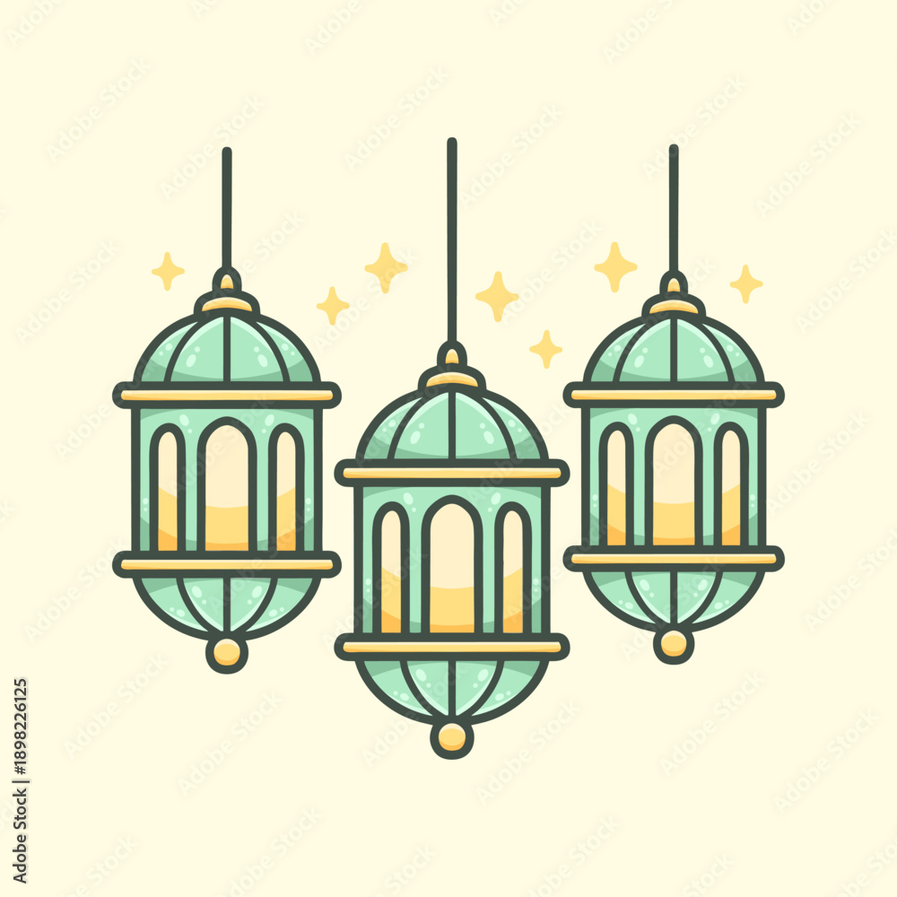 Obraz premium Three Hanging Ramadan Lanterns Illustration for Icon, sticker and other uses, hand drawn vector
