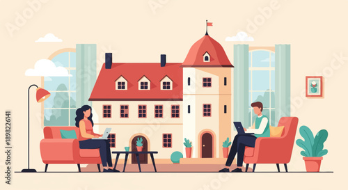 Two people work on laptops in a cozy living room with a castle-like building behind them