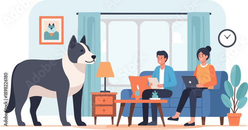 Two people work on laptops in a cozy living room with a dog