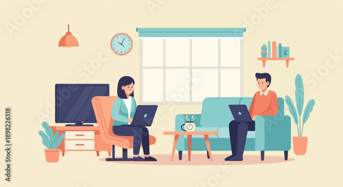 Two people work on laptops in a cozy living room with plants and decor