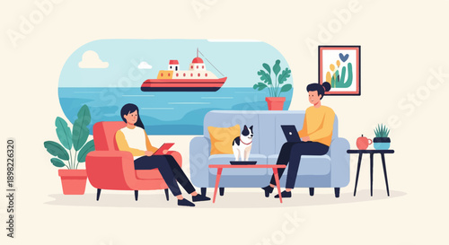 Two people with a dog relax in a cozy living room with a harbor view