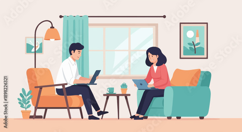 Two people work on laptops in a cozy living room with plants