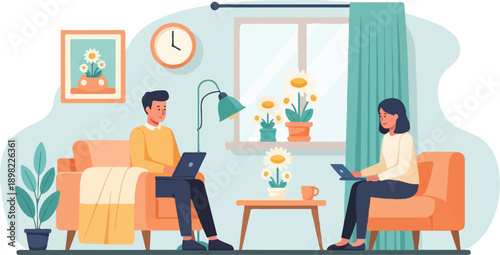 Two people work on laptops in a cozy living room