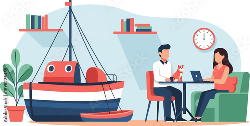 Two people with dog work on laptops in an apartment featuring a boat