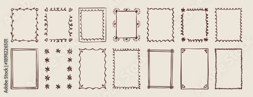 Wavy frame border beige brown doodle hand drawn icon. Outline drawing curly frame line clipart symbol.