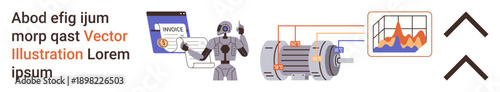 Robotics, industrial technology, automation, data analysis, machinery, innovation. A robot, motor and data chart. Robotics and industrial technology illustrated through mechanized visuals