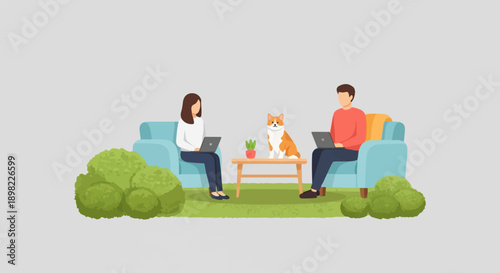 Two people with laptops sit on sofas near a dog and a plant