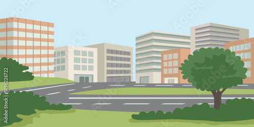 Flat Design Urban Cityscape with Modern Buildings and Greenery. Central business district. Government office. Mall.