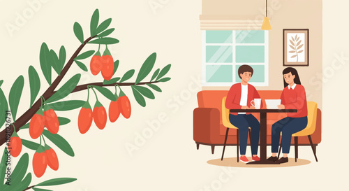 Two people sharing a meal and conversation at a cozy cafe