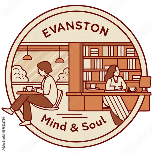 Evanston Mind and Soul Vector Badge of Library and Coffee Shop Scene