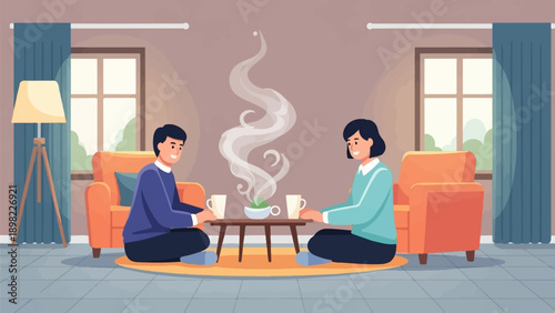 Two people sharing a warm drink in a cozy living room