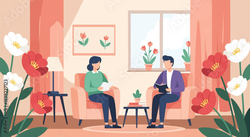 Two people in chairs reading, framed by tulips and a window