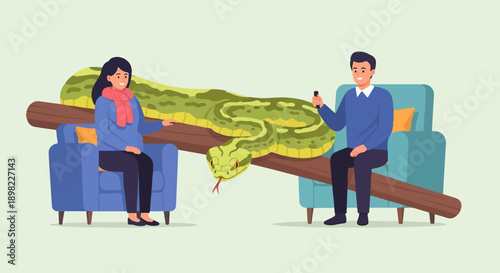 Two people in chairs with a large snake resting on a log between them