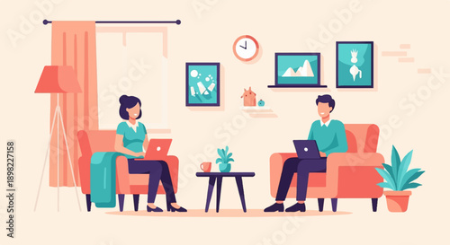 Two people in comfortable chairs using laptops in a cozy room