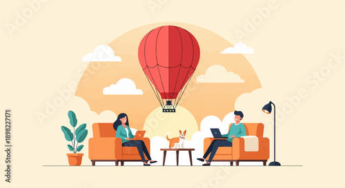 Two people in comfortable chairs with laptops, a dog nearby, and a hot air balloon