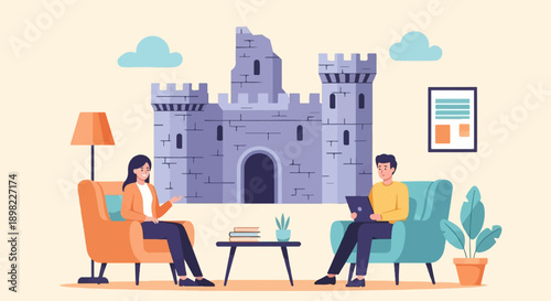 Two people in comfortable seating discuss a project before a large castle
