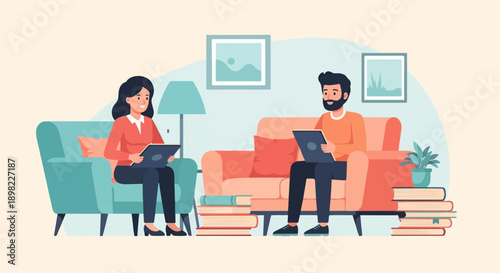 Two people in comfortable seating, engrossed in tablets and books