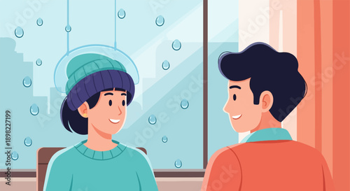 Two people in conversation indoors looking out at a rainy day through a window