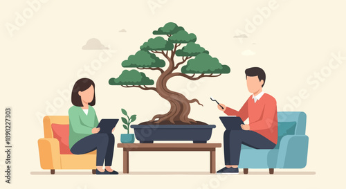 Two people in living room observe and tend to a bonsai tree