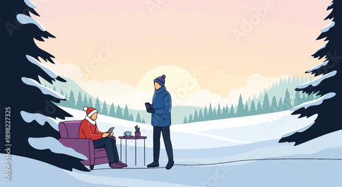 Two people in winter clothing relax amidst a snowy landscape with a sunset