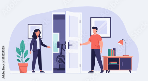 Two people interact by an open doorway, a plant, and furniture