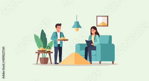 Two people interact in a room with a large pile of sand