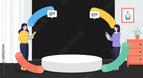 Two people interact via speech bubbles and visual aids around a central platform