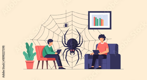 Two people interact with technology amidst a giant spiderweb and chart