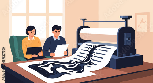 Two people observe ink spill on a large printing press output