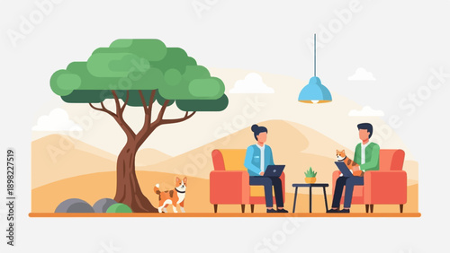 Two people with pets and laptops in a relaxed outdoor setting