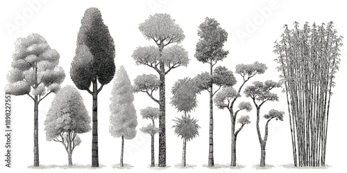 Collection of diverse trees and bamboo stalks rendered in grayscale with detailed textures and shading