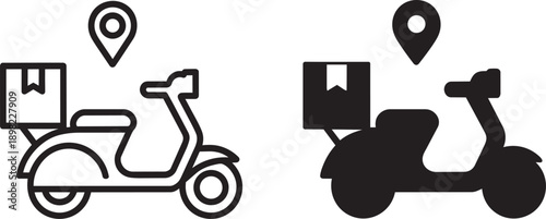 Delivery scooter with package and location pin, representing fast shipping and logistics