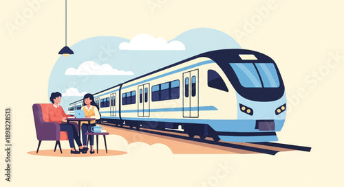 Two people sit at a cafe table, conversing as a modern train speeds by