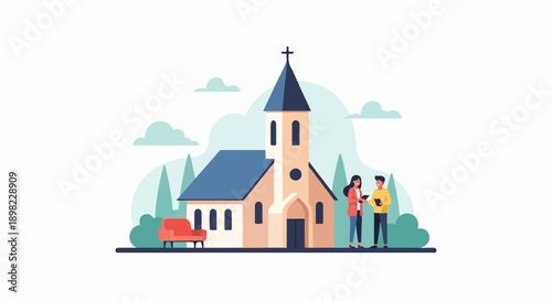 Two people with tablets stand by a church with a red couch nearby