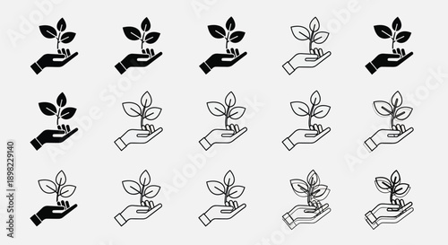 Hands delicately hold small saplings in a consistent black and white icon set.