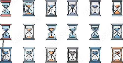 A diverse set of colorful and outline hourglass icons symbolizing time flow.