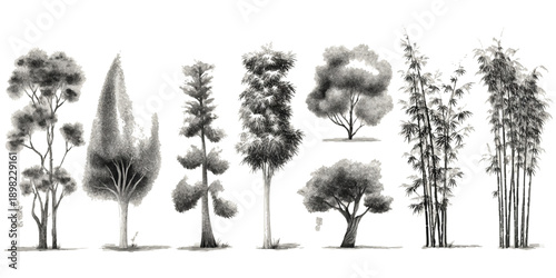 Collection of diverse trees and bamboo stalks rendered in monochrome ink wash style on a white background
