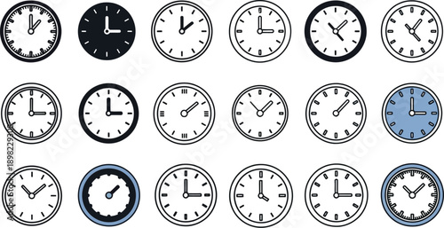 A diverse set of minimalist round clock icons displaying various times.