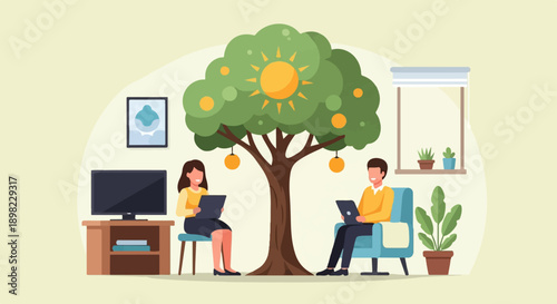 Two people work on laptops near a stylized tree with sun and fruit indoors