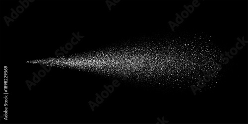 Spray splatter texture background. White droplets spreading outward into dispersed dots on black backdrop. Dynamic dispersion effect of aerosol flow. Minimal vector illustration with monochrome style.