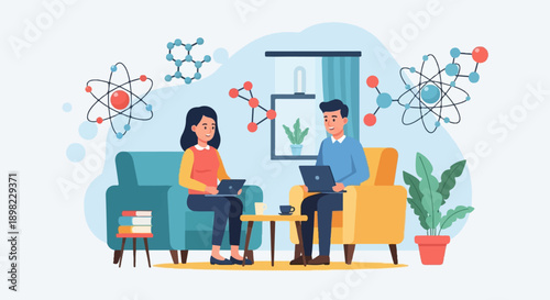 Two people work on laptops near molecular models and plants