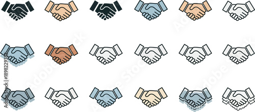 A comprehensive collection of handshake icons representing agreement and partnership.