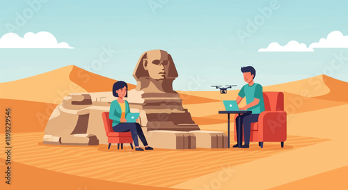 Two people work on laptops near Sphinx and drone in desert